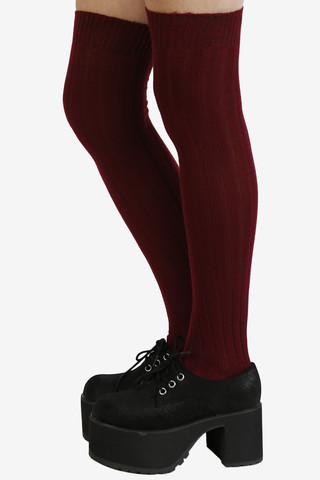 Ribbed Knit Thigh High Socks - Burgundy